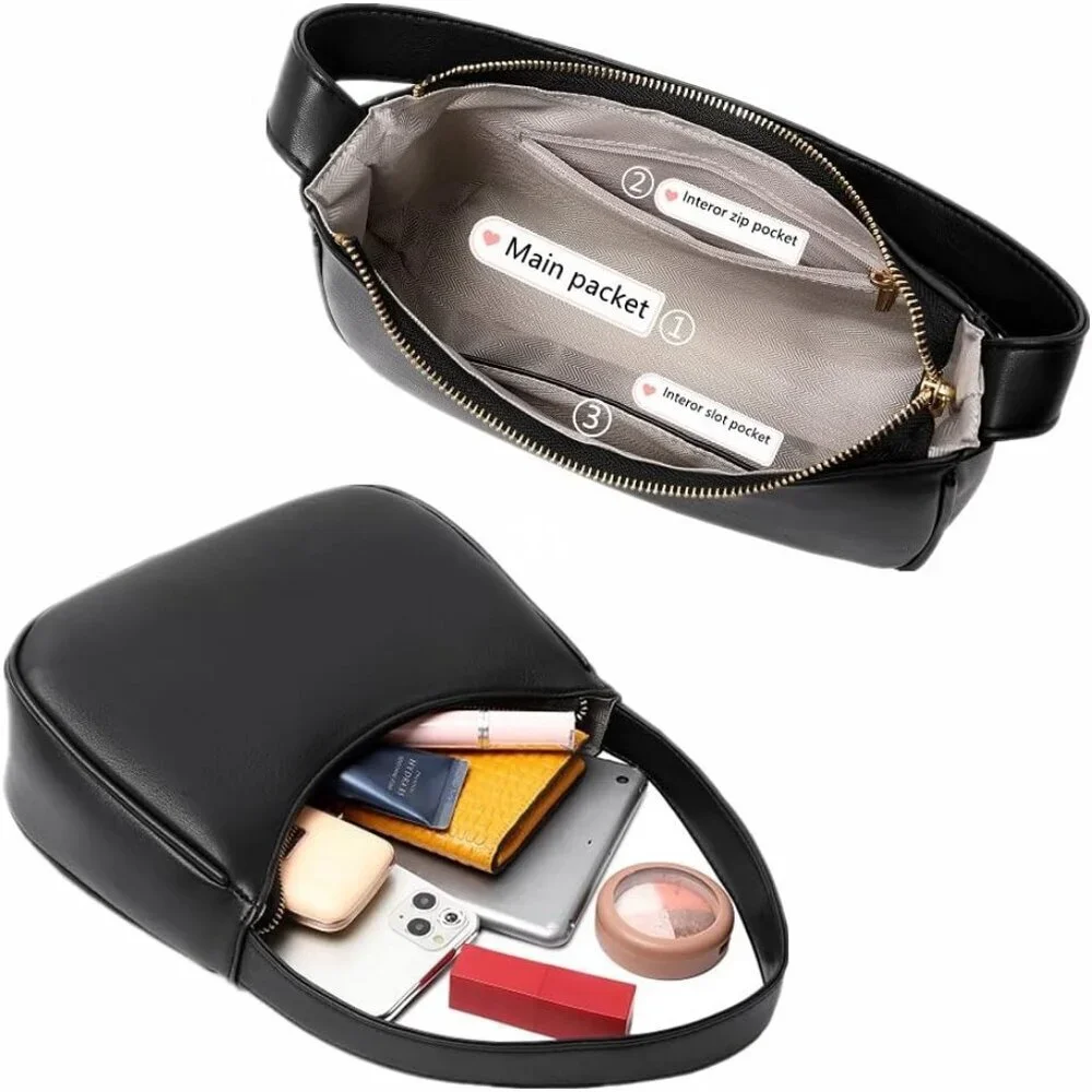 Women’s Nylon Black Cute Hobo Tote Handbag Mini Clutch Purse with Zipper Closure - Picture 4 of 4